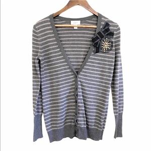 LOFT Gray Striped Bow Embellished Button Cardigan
